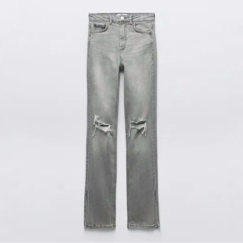 Zara Grey Wash Distressed Split Hem Hi-Rise Full Length Jeans Size 14